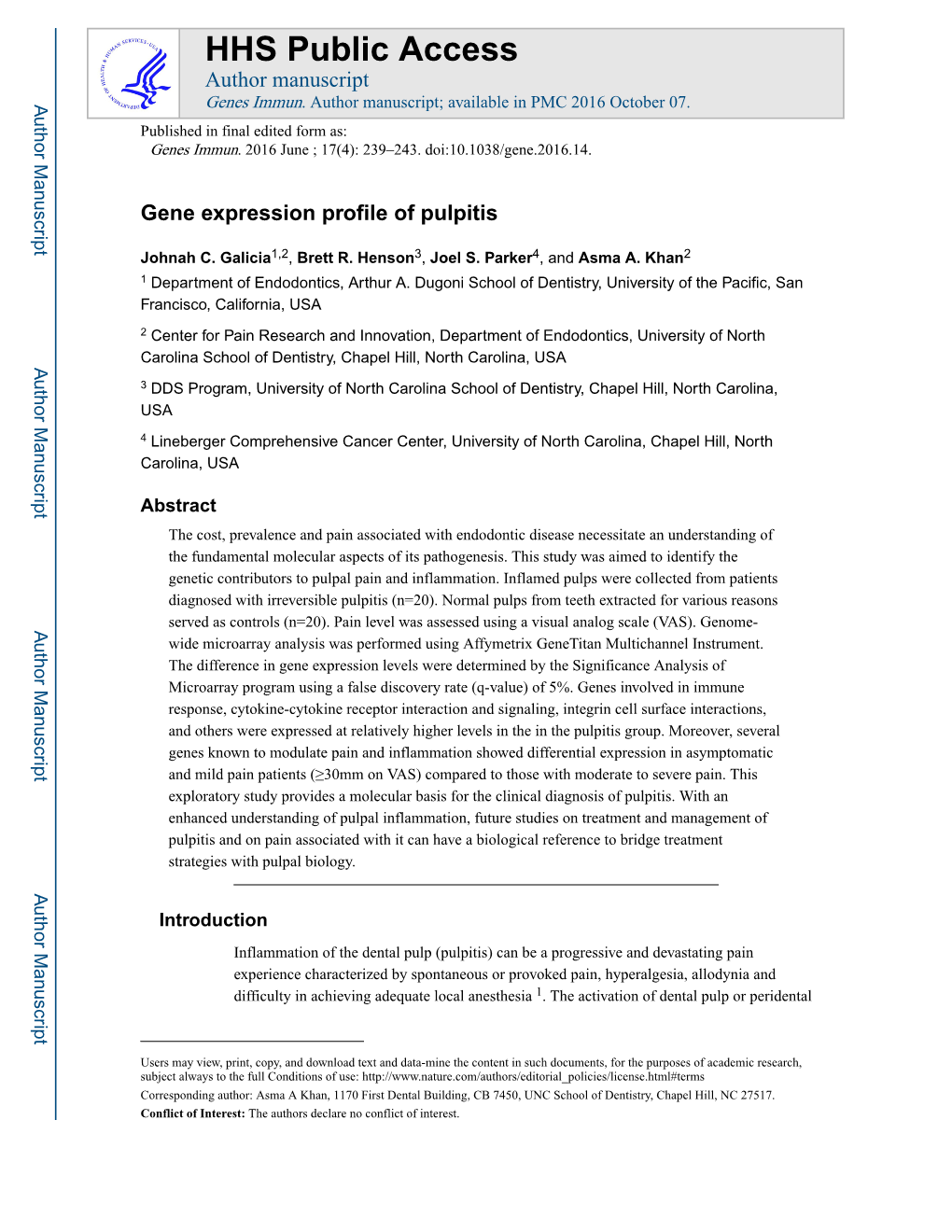 Gene Expression Profile of Pulpitis