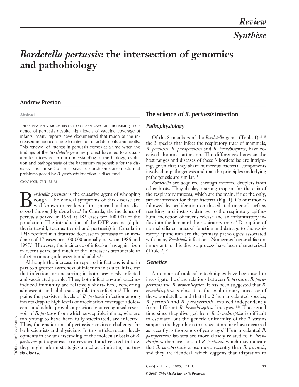 Bordetella Pertussis: the Intersection of Genomics and Pathobiology