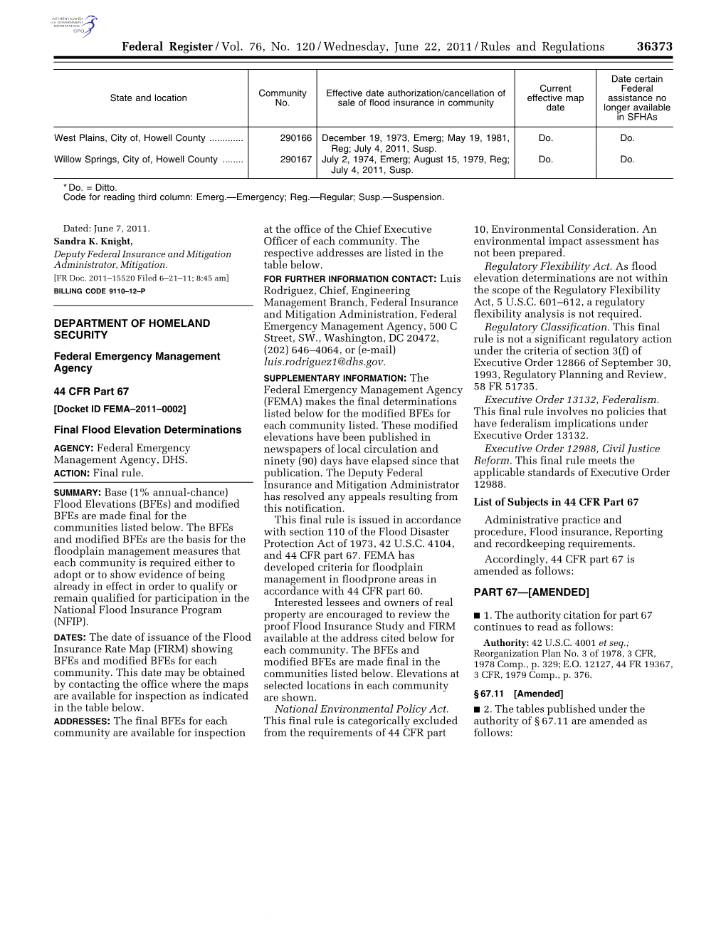 Federal Register/Vol. 76, No. 120/Wednesday, June 22, 2011/Rules and Regulations