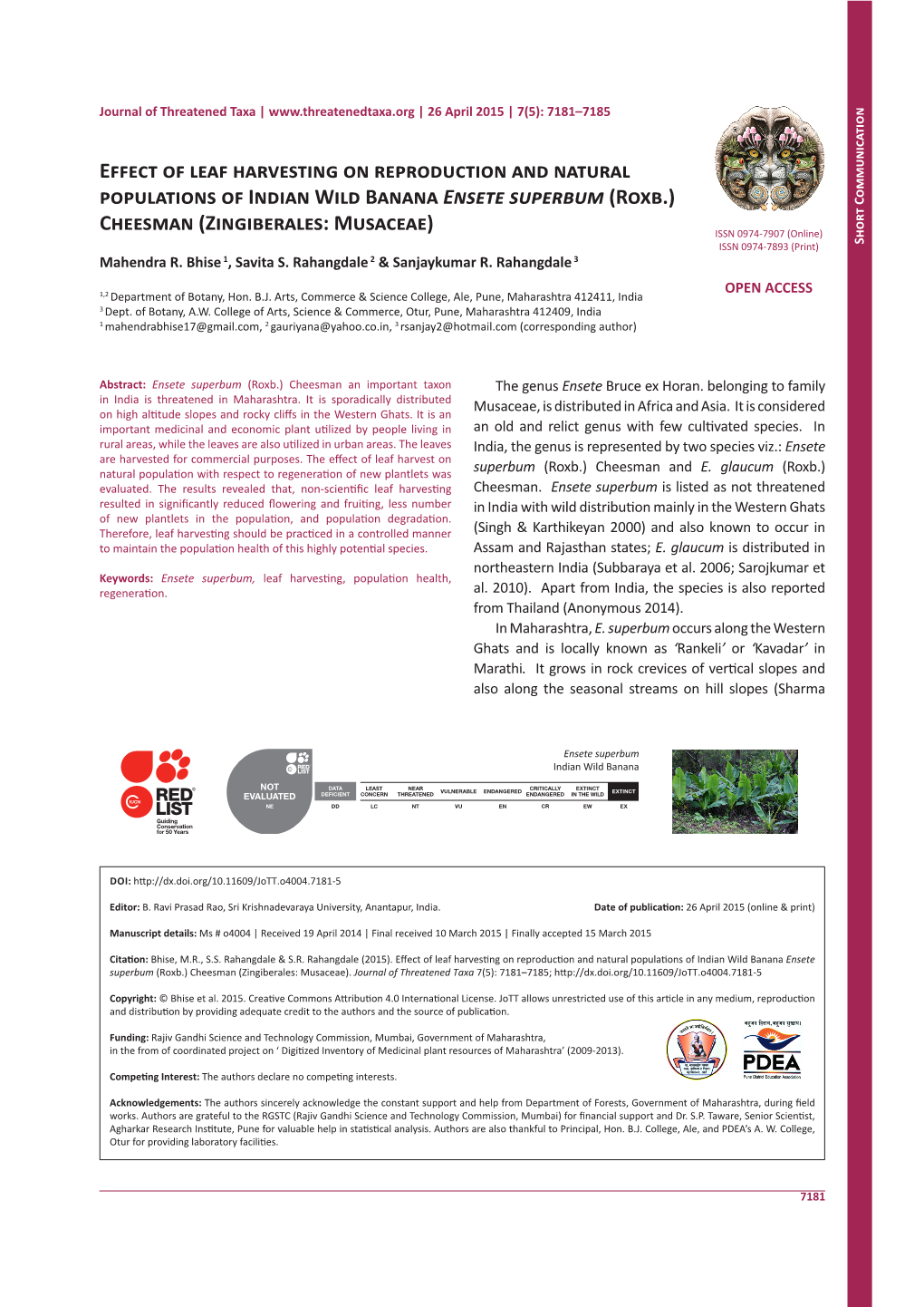 Effect of Leaf Harvesting on Reproduction and Natural Populations of Indian Wild Banana Ensete Superbum (Roxb.)