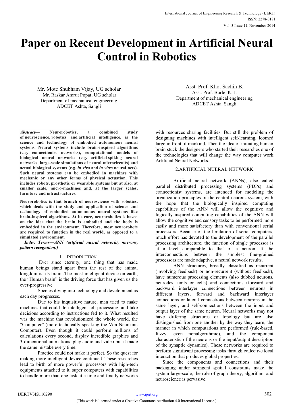 Paper on Recent Development in Artificial Neural Control in Robotics