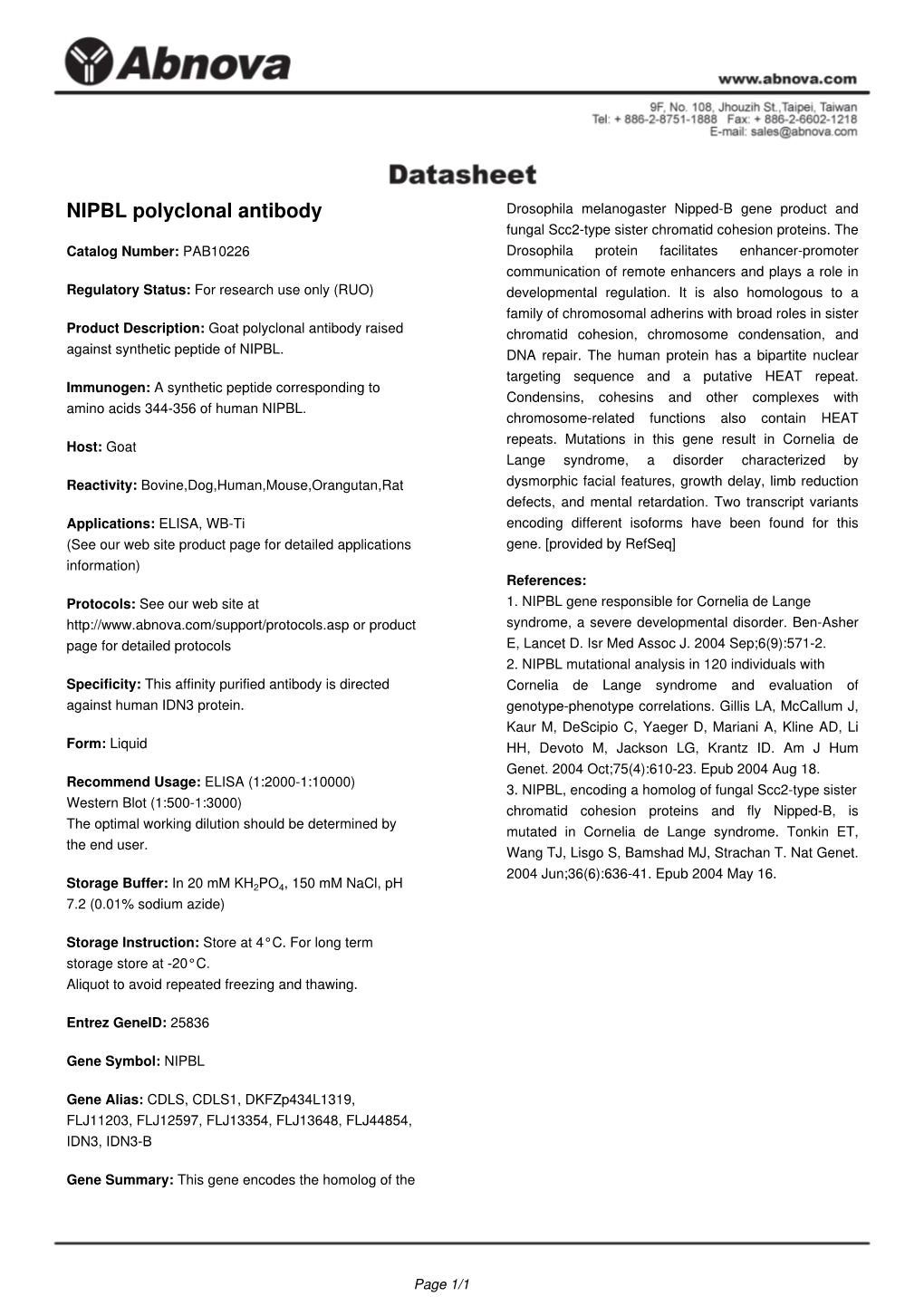 NIPBL Polyclonal Antibody Drosophila Melanogaster Nipped-B Gene Product and Fungal Scc2-Type Sister Chromatid Cohesion Proteins