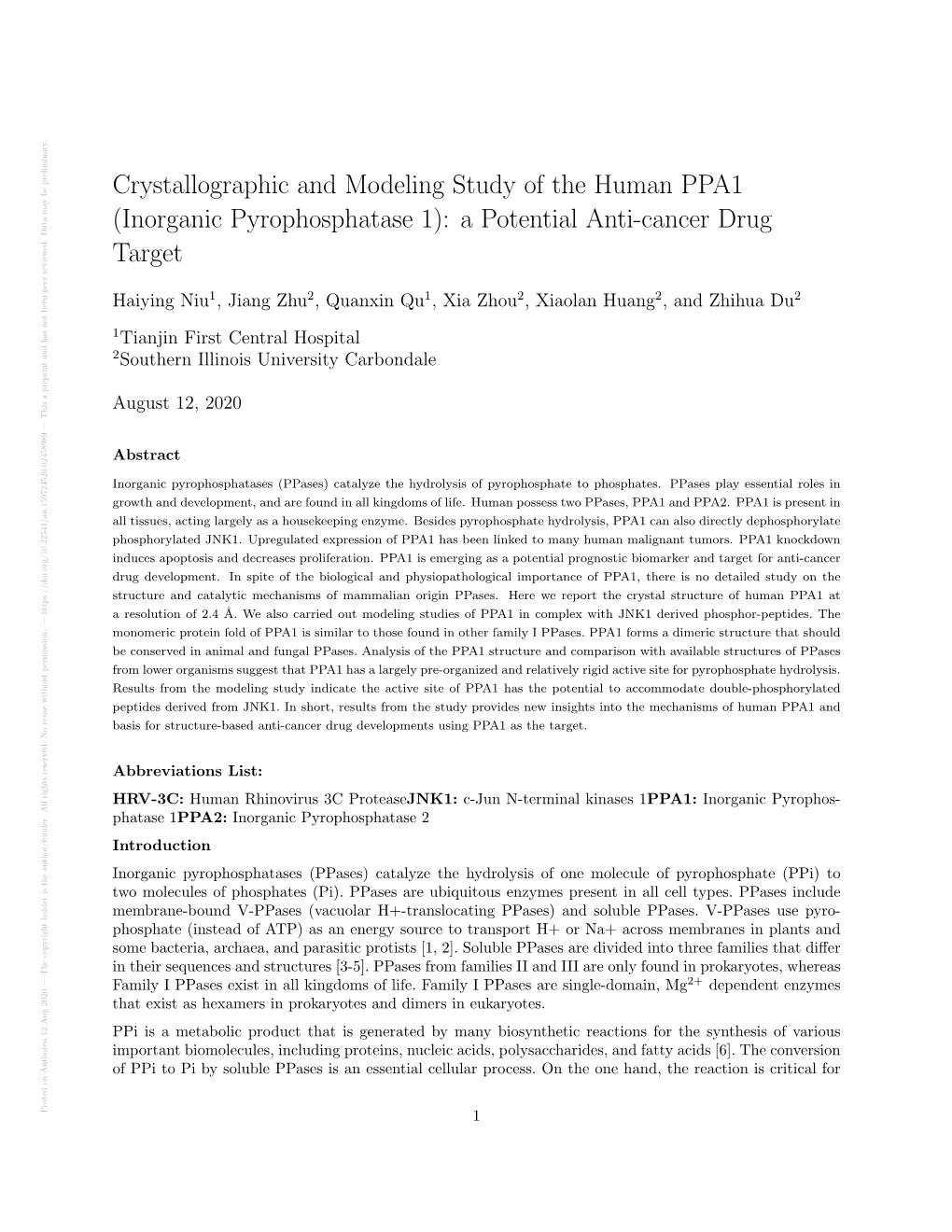 Crystallographic and Modeling Study of the Human PPA1 (Inorganic