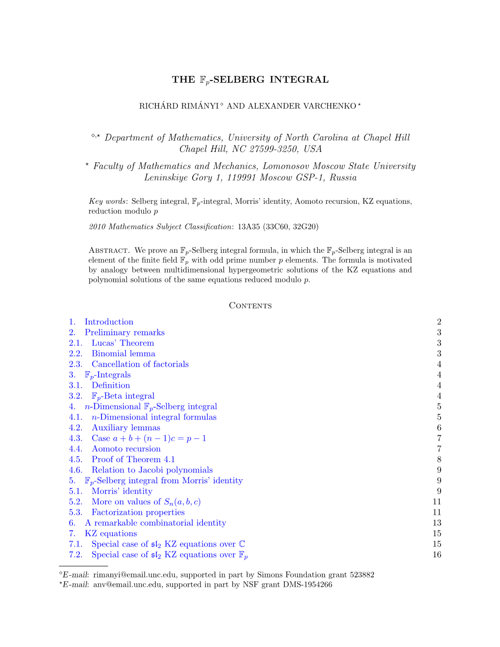 THE Fp-SELBERG INTEGRAL ,⋆ Department Of