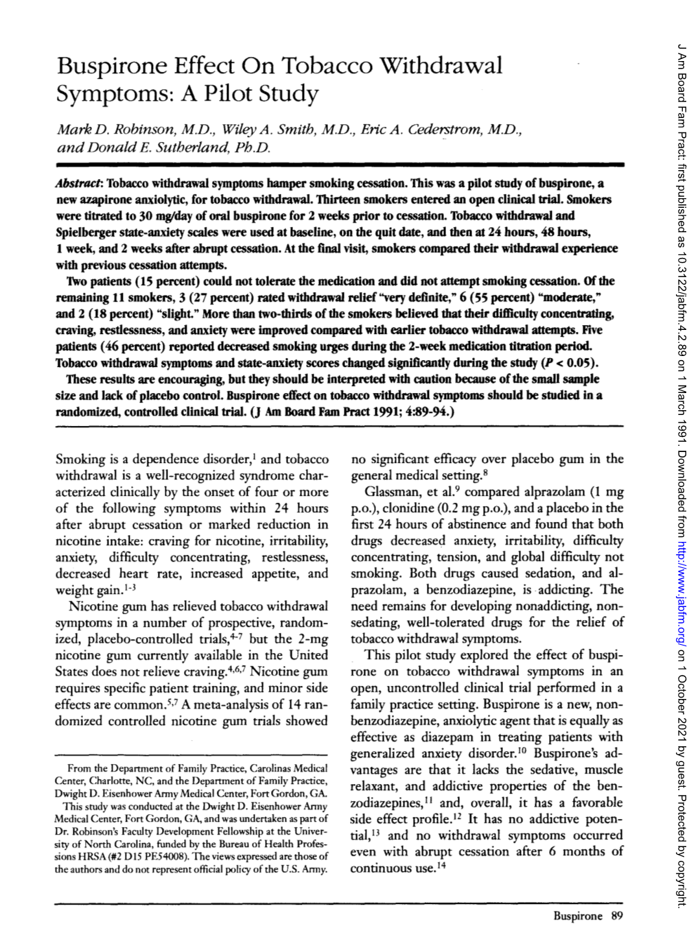 Buspirone Effect on Tobacco Withdrawal Symptoms: a Pilot Study