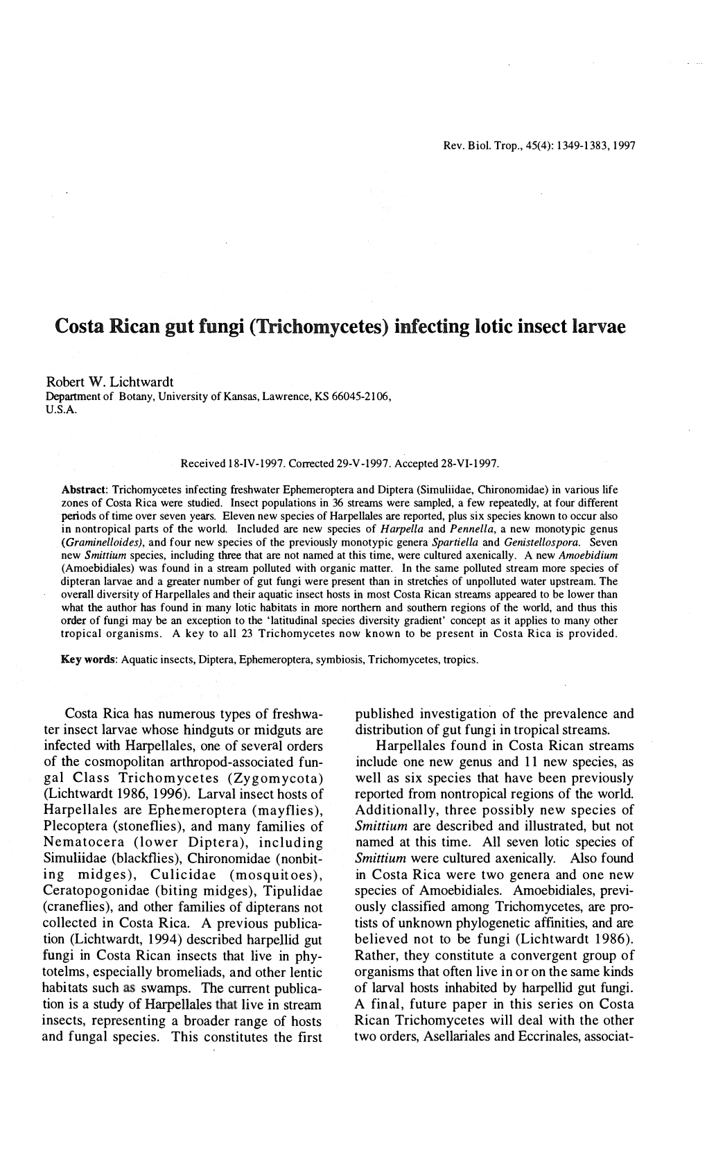 Costa Rican Gut Fungi (Trichomycetes) Imeeting Lotic Inseet Larvae