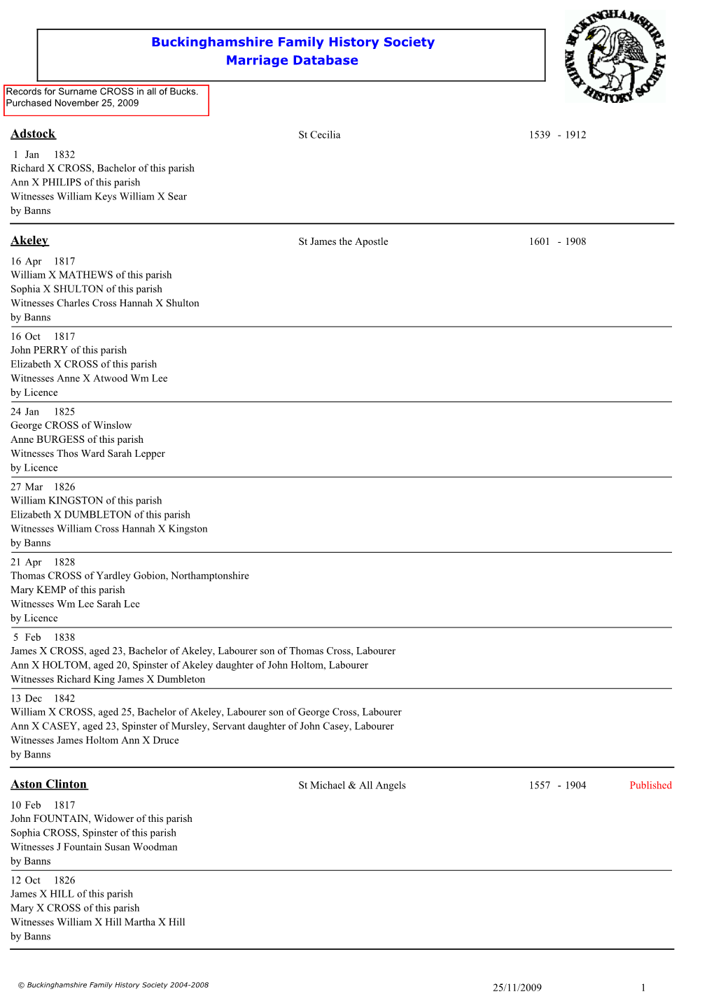 Buckinghamshire Family History Society Marriage Database Adstock