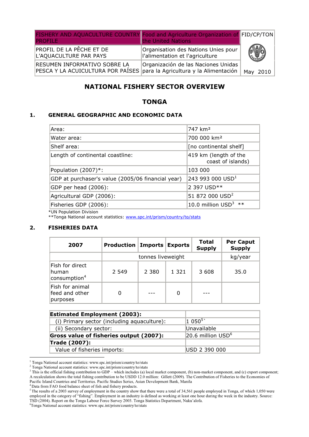 National Fishery Sector Overview Tonga