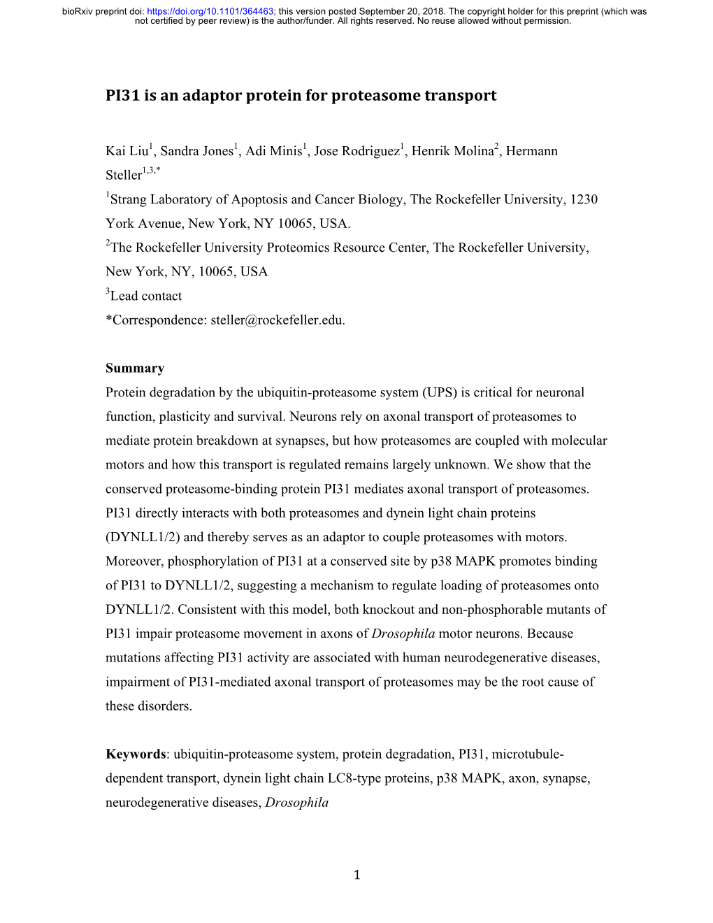 PI31 Is an Adaptor Protein for Proteasome Transport