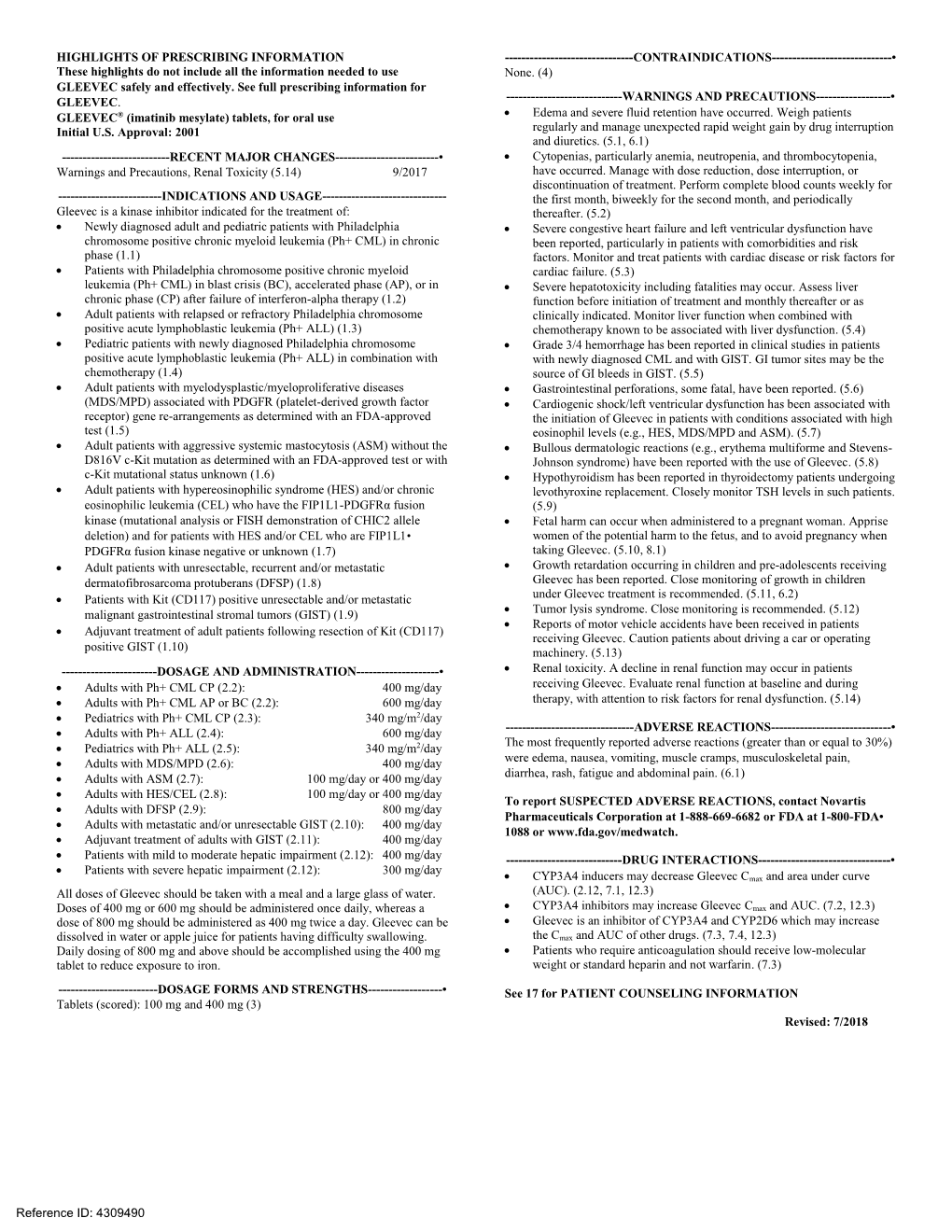 HIGHLIGHTS of PRESCRIBING INFORMATION These Highlights Do Not Include All the Information Needed to Use GLEEVEC Safely and Effec