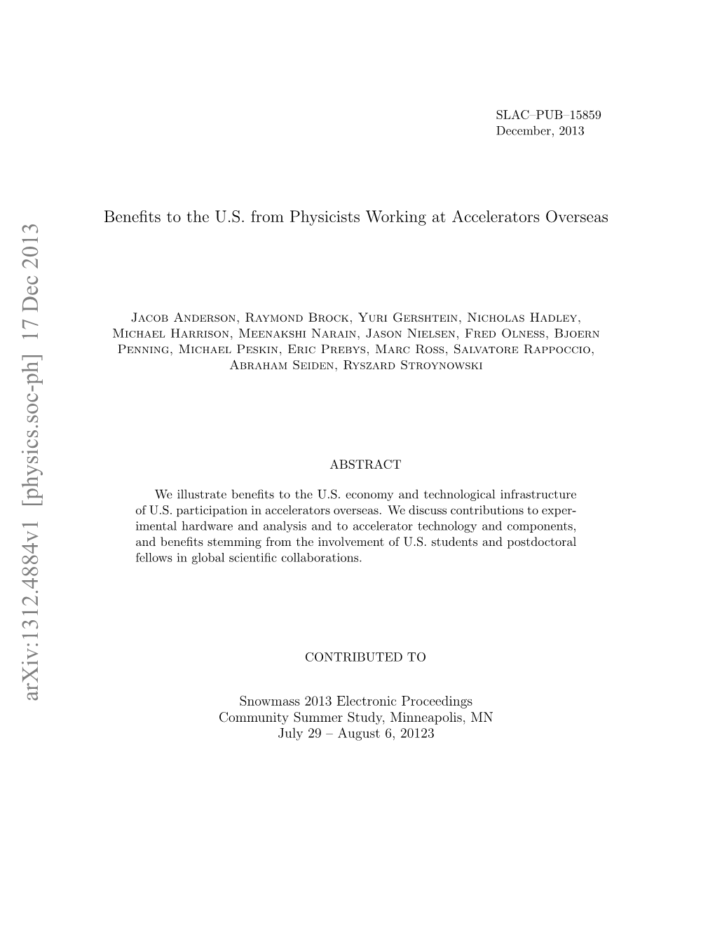 Arxiv:1312.4884V1 [Physics.Soc-Ph] 17 Dec 2013 Snowmass 2013 Electronic Proceedings Community Summer Study, Minneapolis, MN July 29 – August 6, 20123 Contents