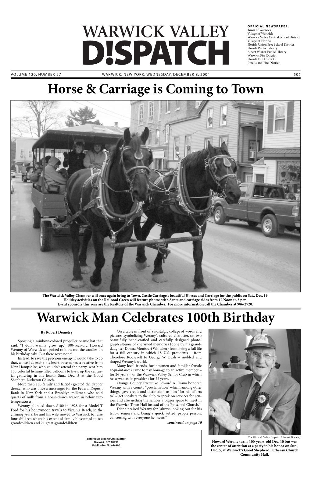 Horse & Carriage Is Coming to Town Warwick Man Celebrates 100Th