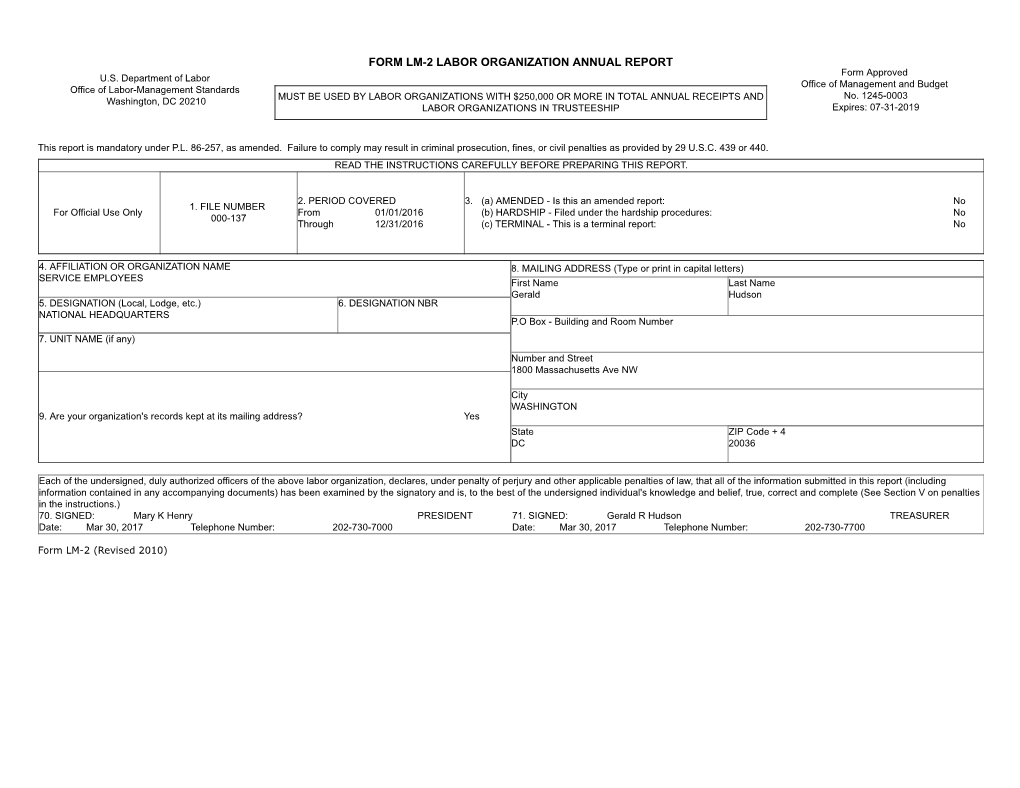 FORM LM-2 LABOR ORGANIZATION ANNUAL REPORT Form Approved U.S