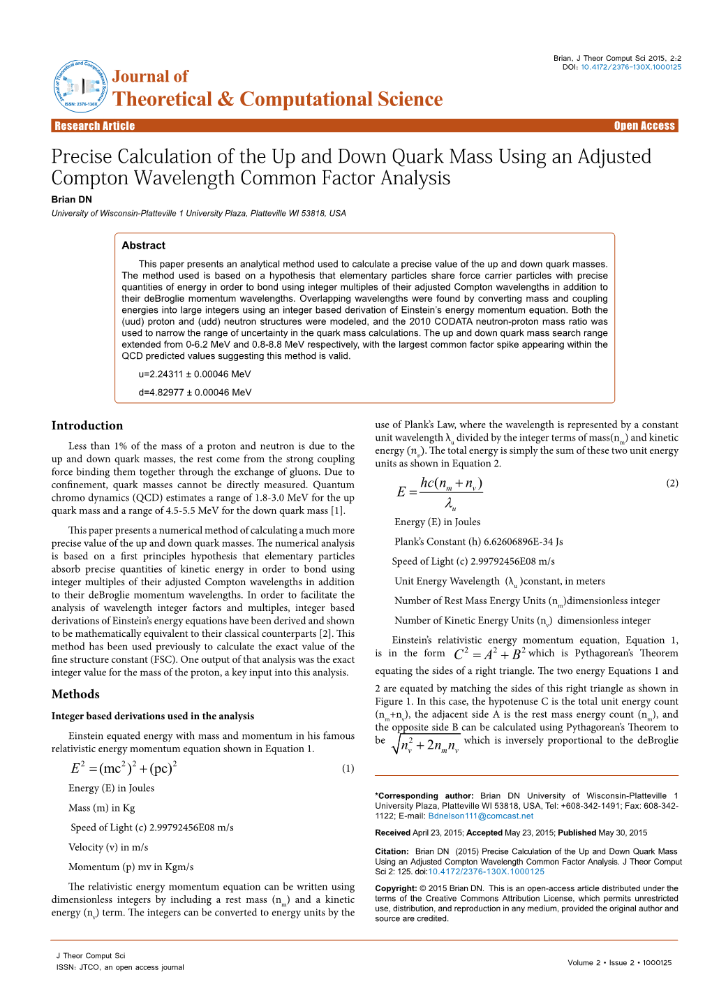 (2015) Precise Calculation of the up and Down Quark Mass Using an Adjusted Compton Wavelength Common Factor Analysis