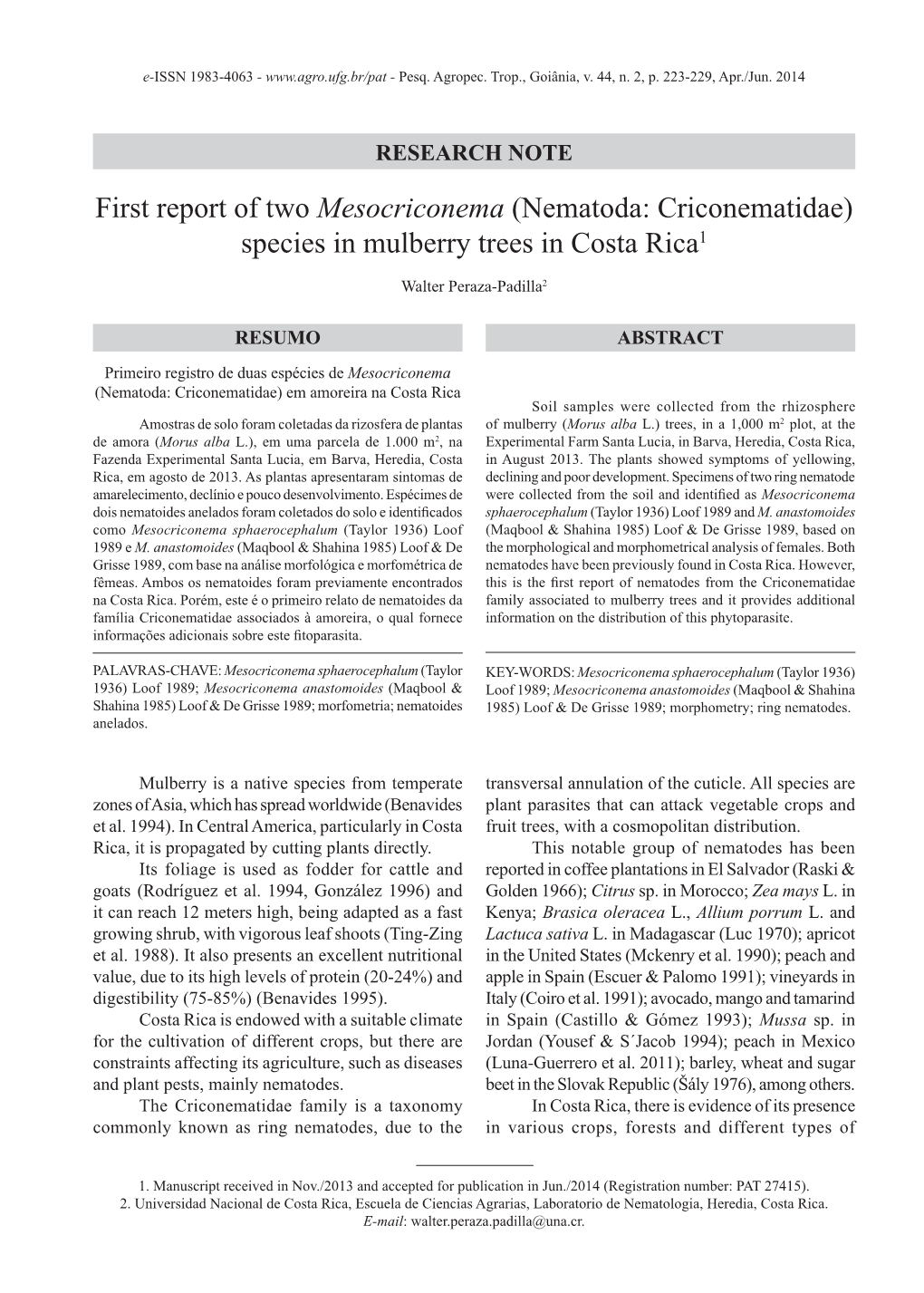 Nematoda: Criconematidae) Species in Mulberry Trees in Costa Rica1