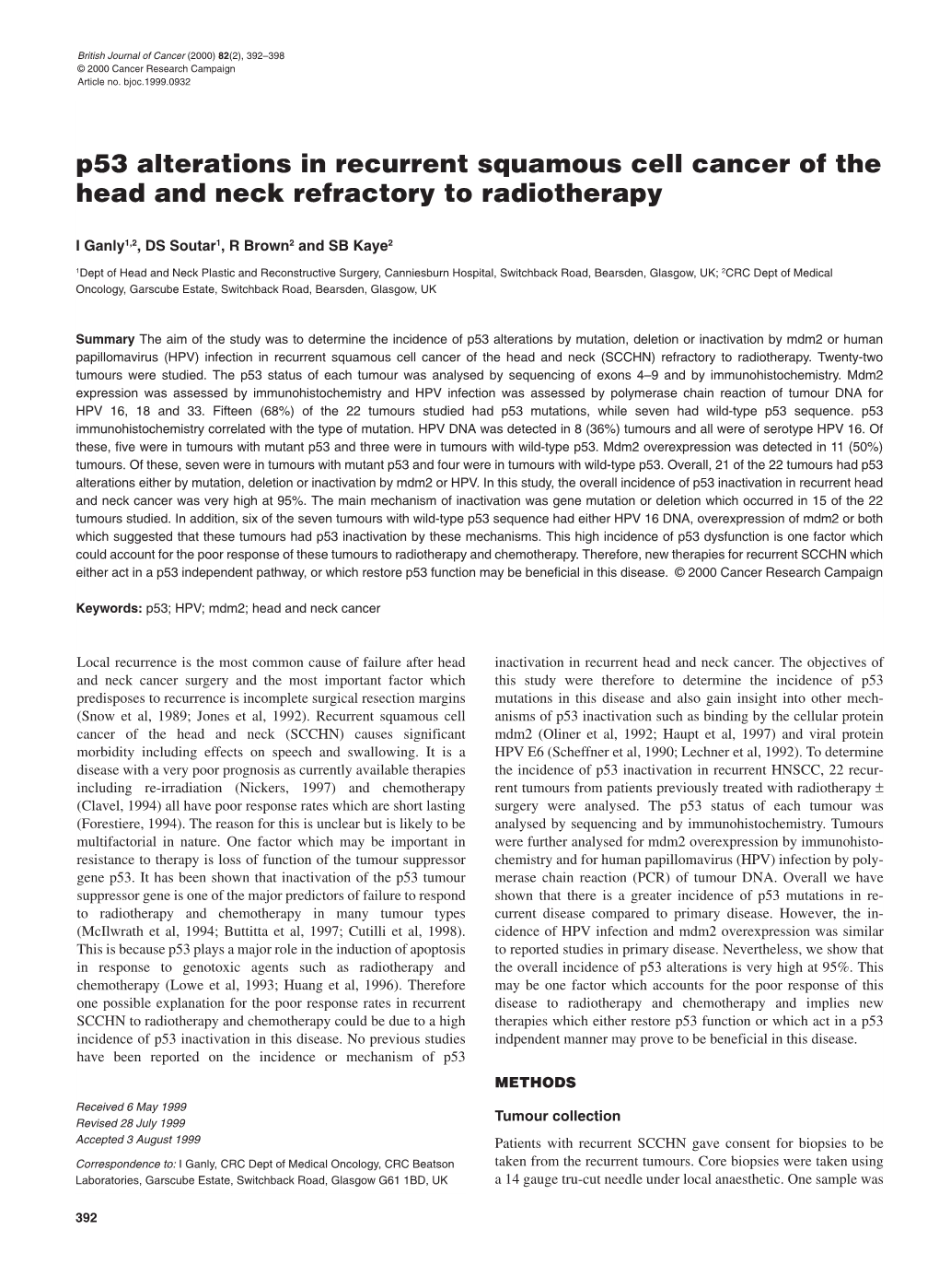 P53 Alterations in Recurrent Squamous Cell Cancer of the Head and Neck Refractory to Radiotherapy