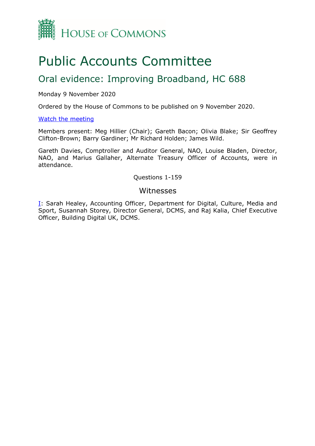 Public Accounts Committee Oral Evidence: Improving Broadband, HC 688