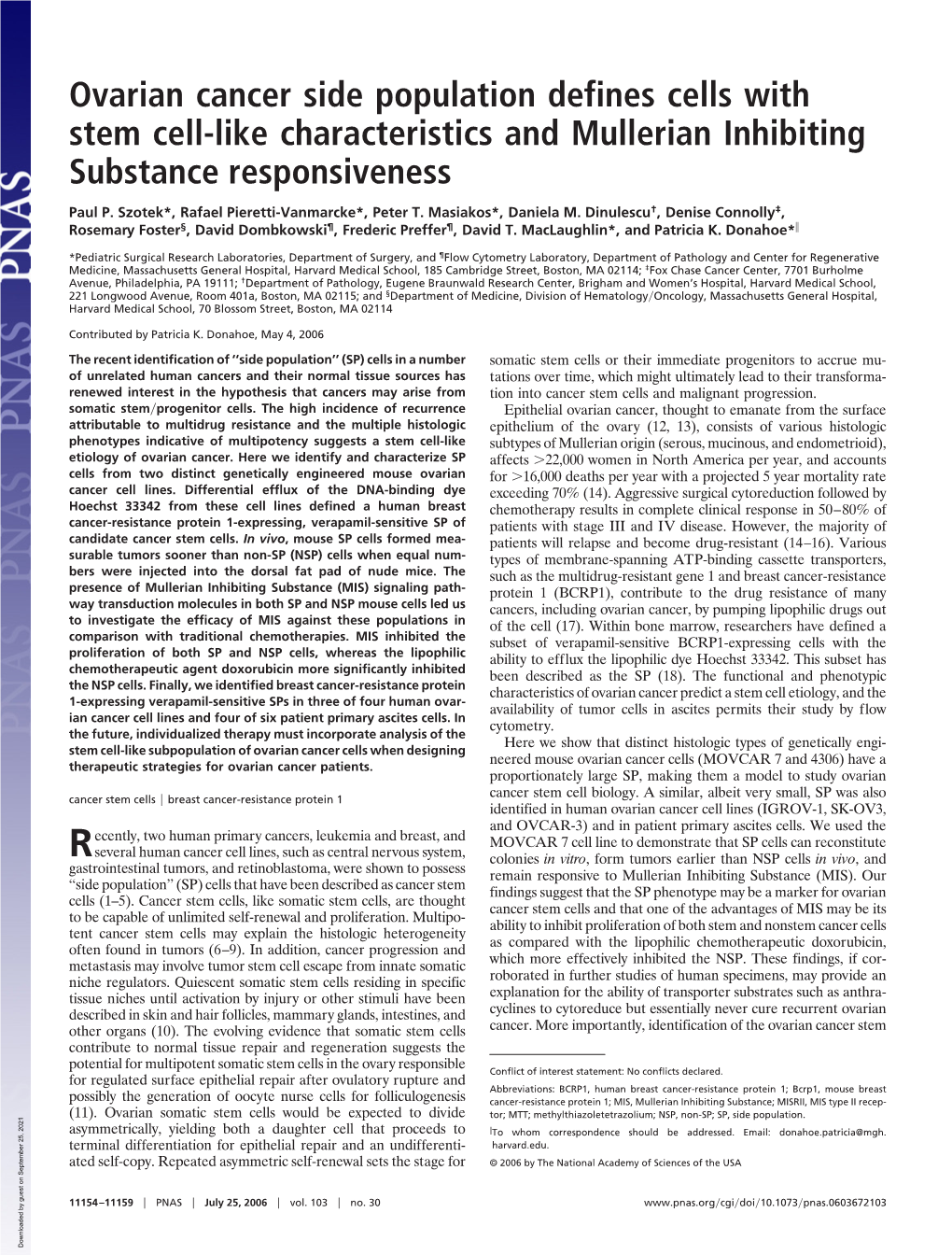 Ovarian Cancer Side Population Defines Cells with Stem Cell-Like Characteristics and Mullerian Inhibiting Substance Responsiveness