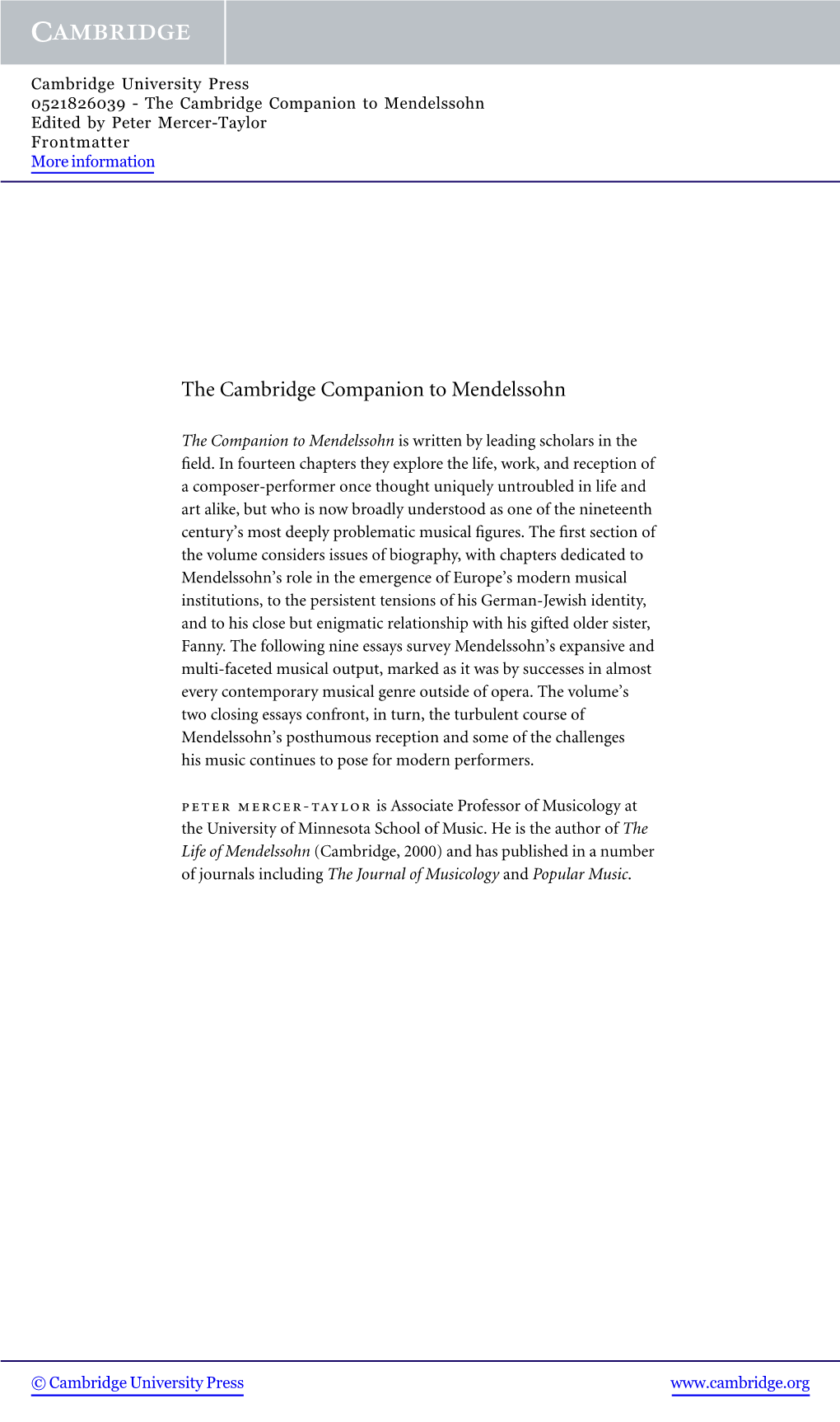 The Cambridge Companion to Mendelssohn Edited by Peter Mercer-Taylor Frontmatter More Information