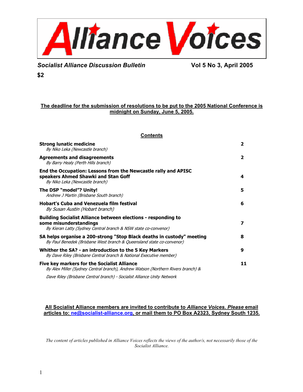 Socialist Alliance Discussion Bulletin Vol 5 No 3, April 2005 $2