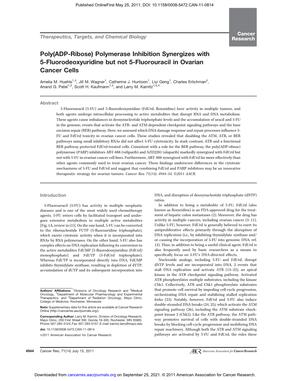 Poly(ADP-Ribose) Polymerase Inhibition Synergizes with 5-Fluorodeoxyuridine but Not 5-Fluorouracil in Ovarian Cancer Cells