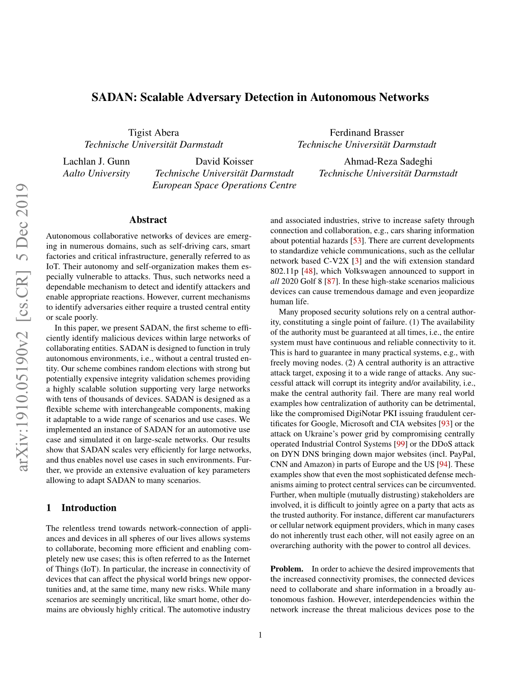 SADAN: Scalable Adversary Detection in Autonomous Networks