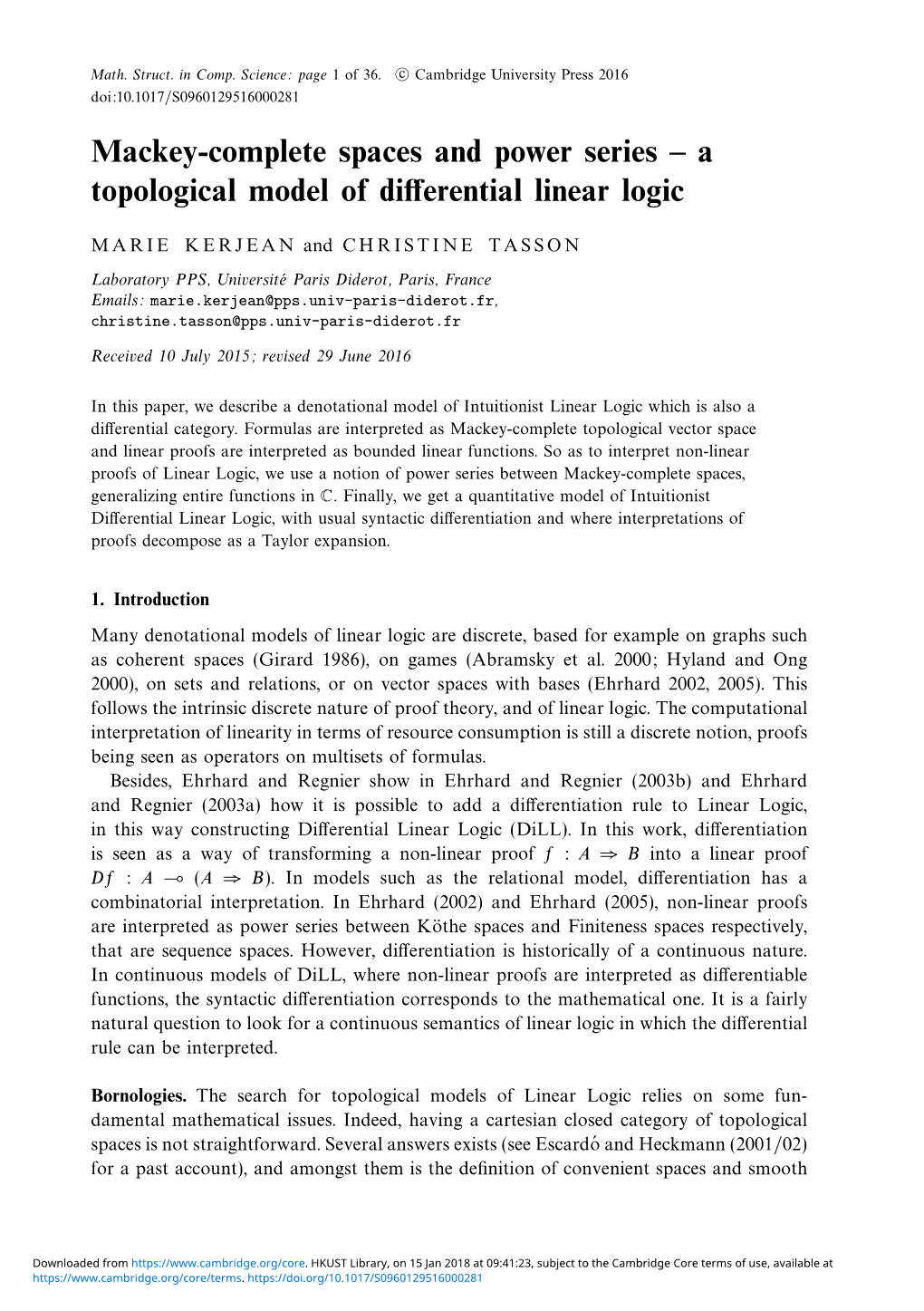 Mackey-Complete Spaces and Power Series – a Topological Model of Differential Linear Logic