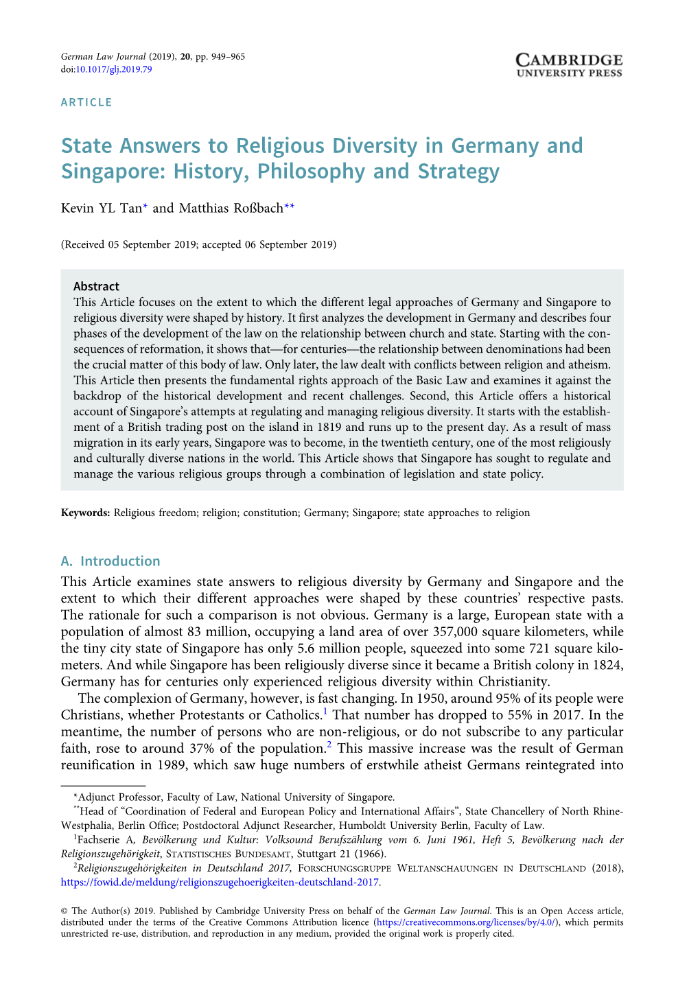 State Answers to Religious Diversity in Germany and Singapore: History, Philosophy and Strategy