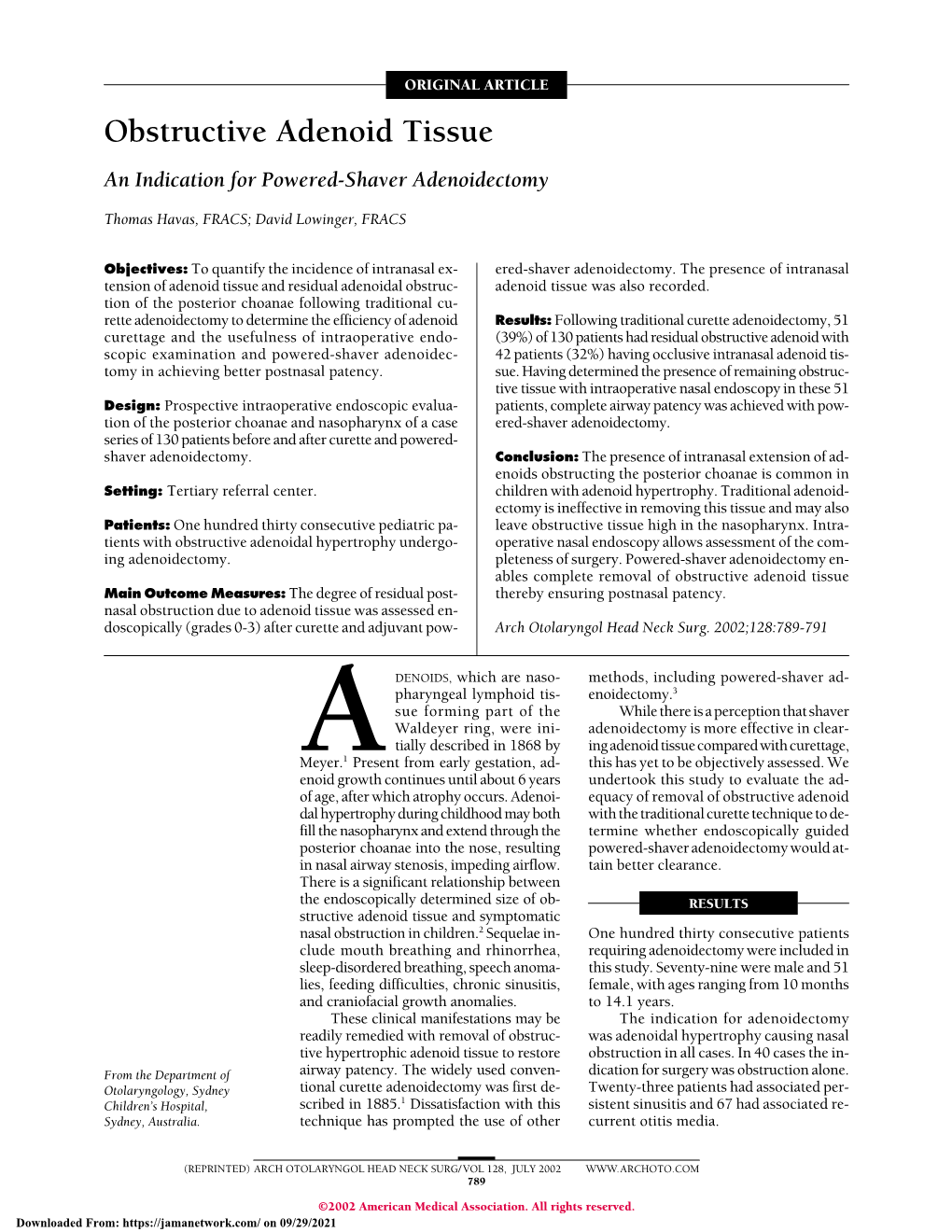 Obstructive Adenoid Tissue an Indication for Powered-Shaver Adenoidectomy