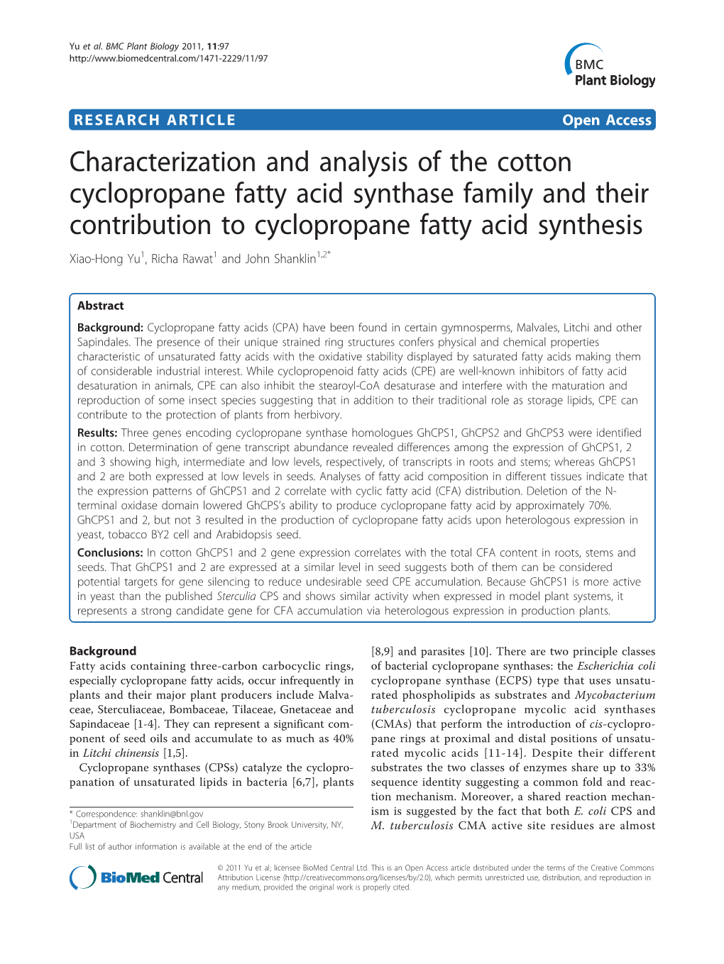Characterization and Analysis of the Cotton Cyclopropane Fatty Acid Synthase Family and Their Contribution to Cyclopropane Fatty Acid Synthesis