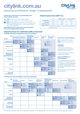 Citylink.Com.Au Citylink Pass and Toll Prices for 1 October – 31 December 2013