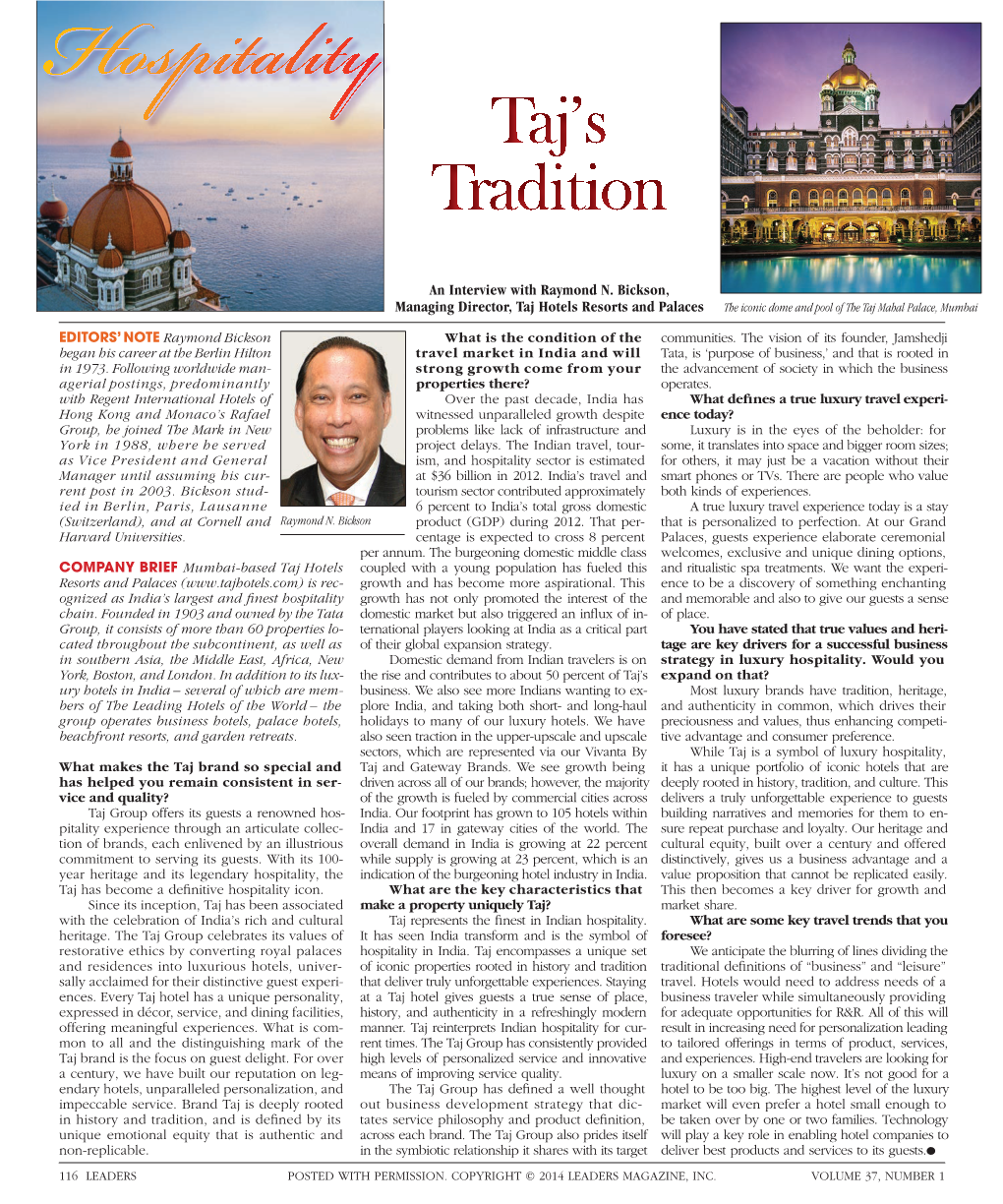 An Interview with Raymond N. Bickson, Managing Director, Taj Hotels Resorts and Palaces the Iconic Dome and Pool of the Taj Mahal Palace, Mumbai