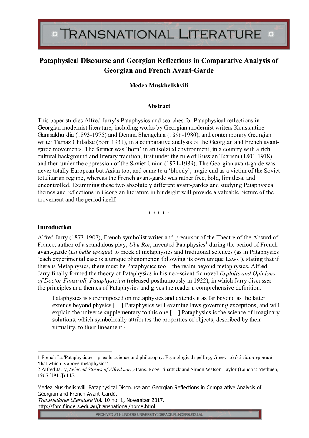 Pataphysical Discourse and Georgian Reflections in Comparative Analysis of Georgian and French Avant-Garde