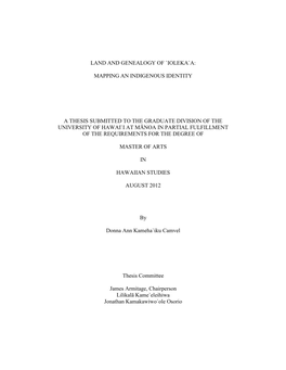 Land and Genealogy of `Ioleka`A