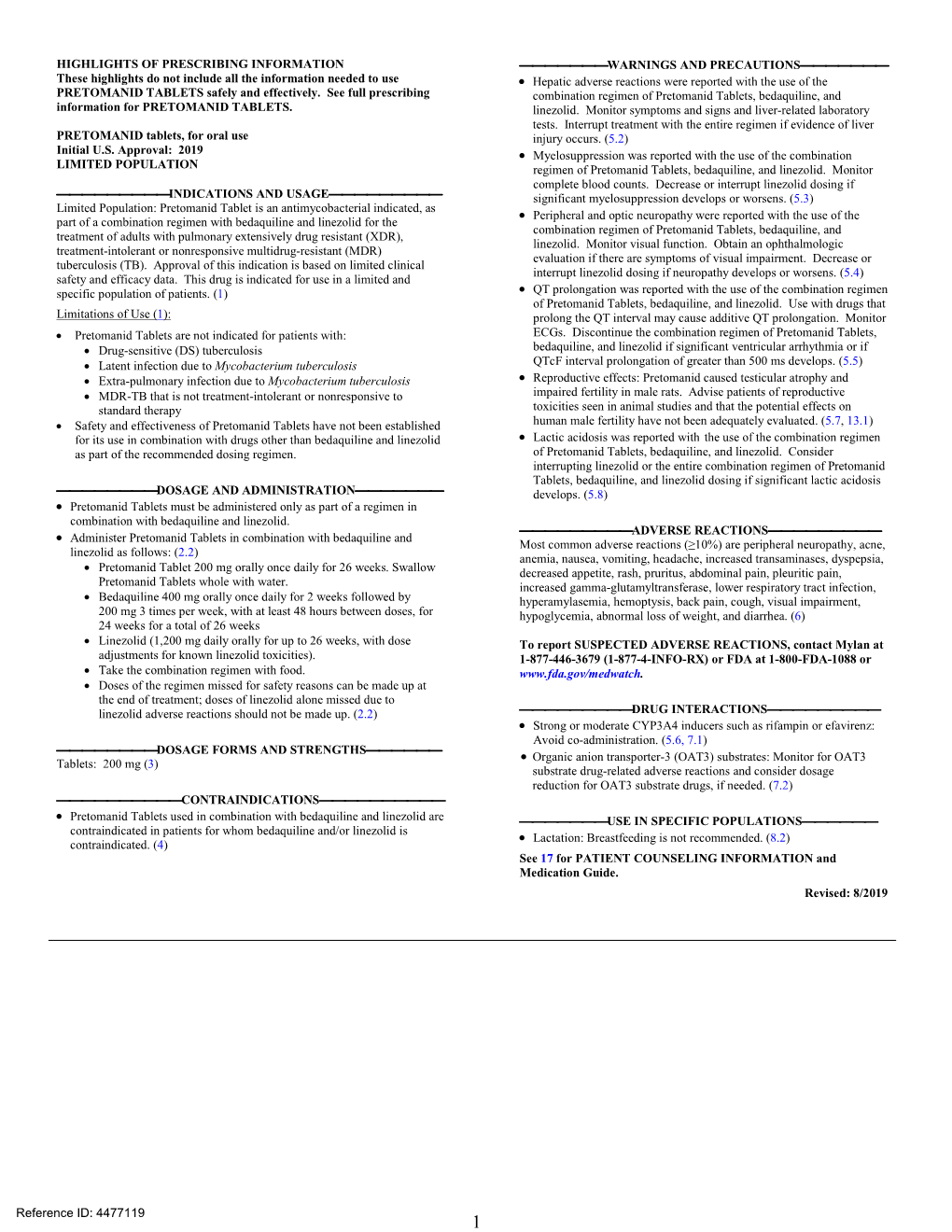 Pretomanid Prescribing Information