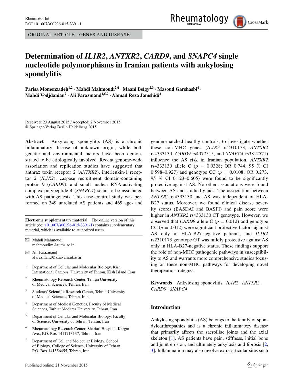 Determination of IL1R2, ANTXR2, CARD9, and SNAPC4 Single Nucleotide Polymorphisms in Iranian Patients with Ankylosing Spondylitis