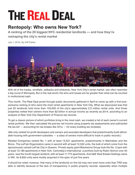 Rentopoly: Who Owns New York? a Ranking of the 20 Biggest NYC Residential Landlords — and How They’Re Reshaping the City’S Rental Market