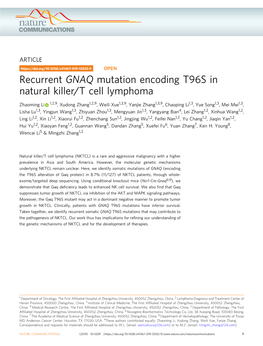 Recurrent GNAQ Mutation Encoding T96S in Natural Killer/T Cell Lymphoma