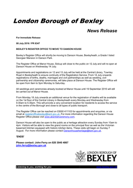 London Borough of Bexley News Release