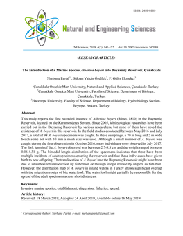 The Introduction of a Marine Species Atherina Boyeri Into Bayramiç Reservoir, Çanakkale