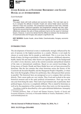 János Kádár As an Economic Reformist and Gustáv Husák As an Antireformist