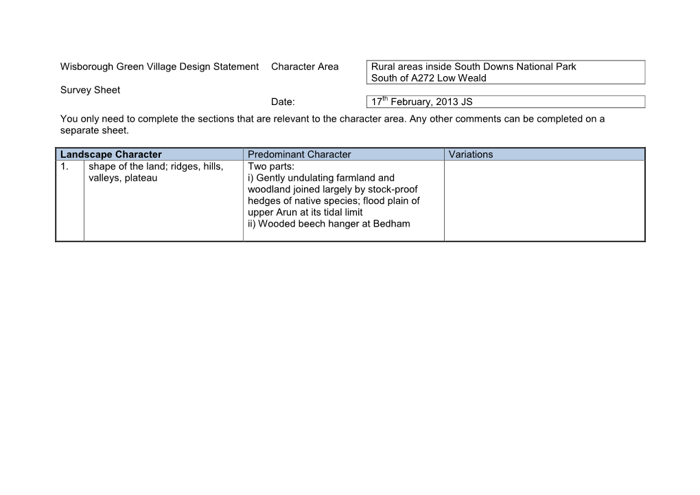 Wisborough Green Village Design Statement Character Area Rural Areas Inside South Downs National Park South of A272 Low Weald Su