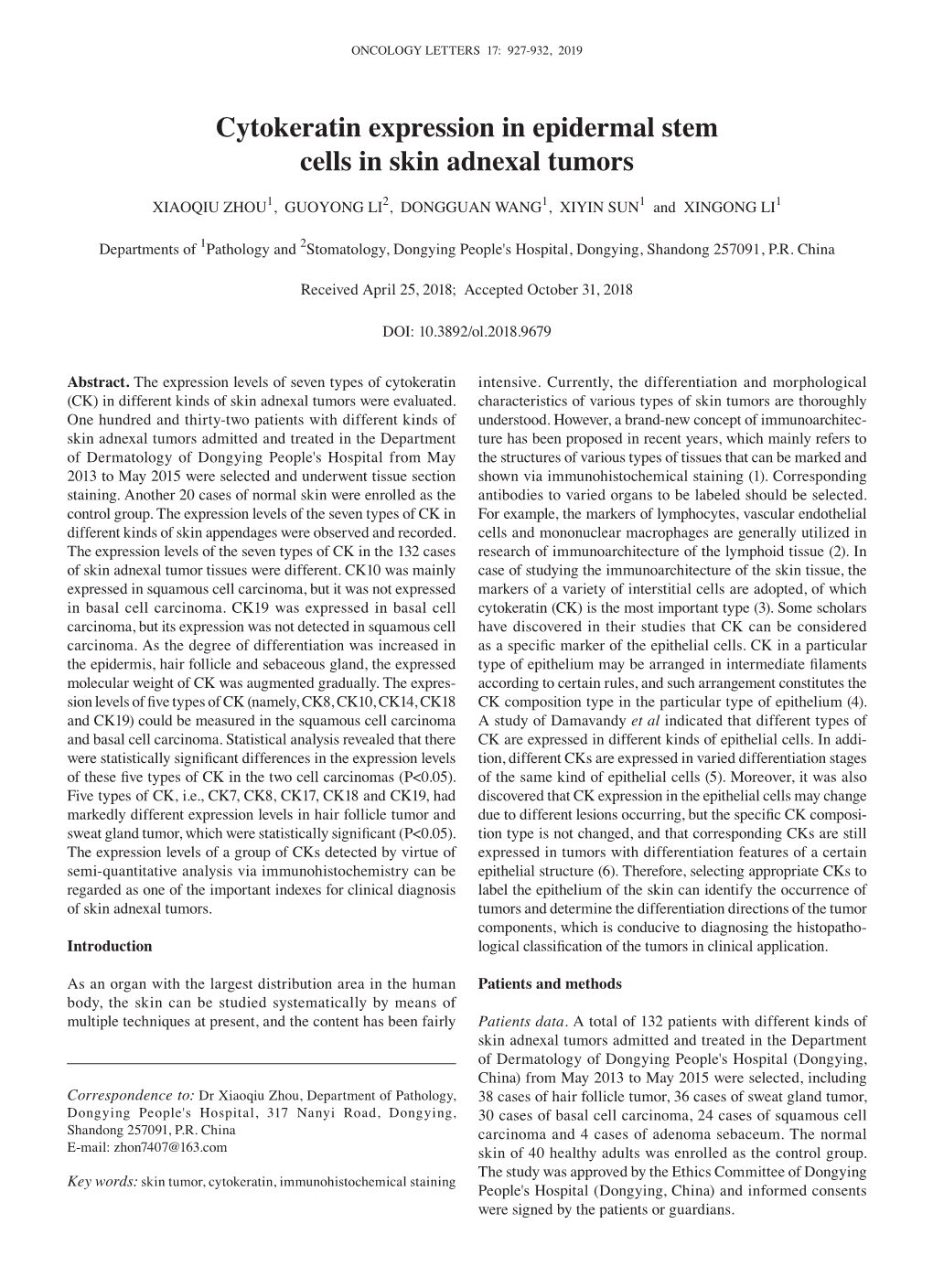 Cytokeratin Expression in Epidermal Stem Cells in Skin Adnexal Tumors