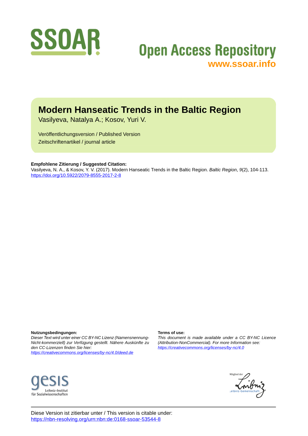 Modern Hanseatic Trends in the Baltic Region Vasilyeva, Natalya A.; Kosov, Yuri V