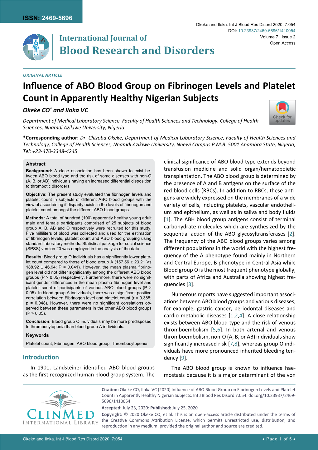 Influence of ABO Blood Group on Fibrinogen Levels and Platelet Count in Apparently Healthy Nigerian Subjects