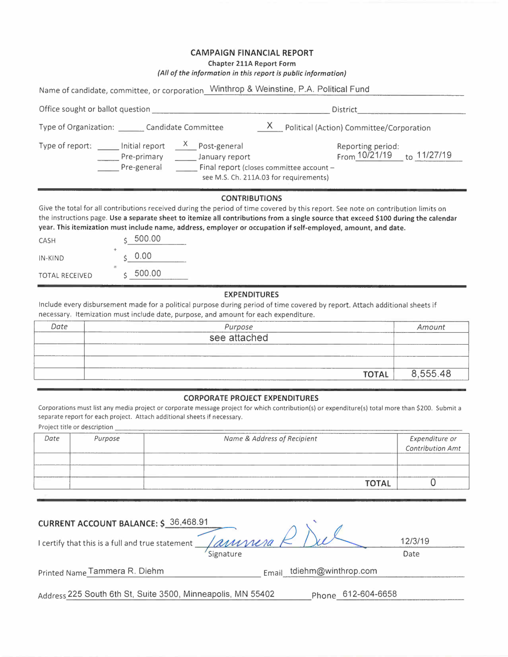 Post-General Reporting Period: Pre-Primary January Report from 10/21/19 11/27/19 Pre-General Final Report (Closes Committee Account• See M.S