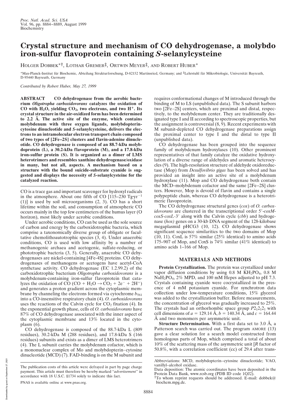 Crystal Structure and Mechanism of CO Dehydrogenase, a Molybdo Iron-Sulfur Flavoprotein Containing S-Selanylcysteine