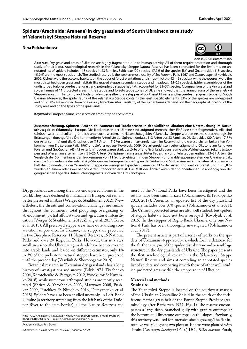 Spiders (Arachnida: Araneae) in Dry Grasslands of South Ukraine: a Case Study of Yelanetskyi Steppe Natural Reserve