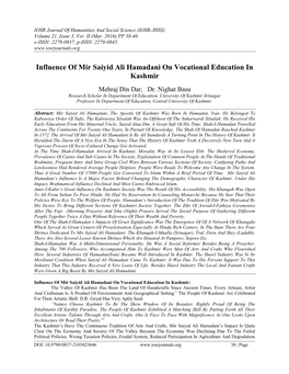 Influence of Mir Saiyid Ali Hamadani on Vocational Education in Kashmir