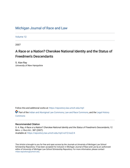 Cherokee National Identity and the Status of Freedmen's Descendants